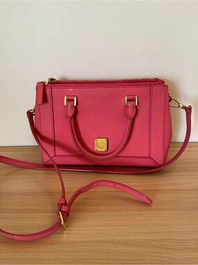 MCM Pink Saffiano Leather Satchel with Gold Hardware